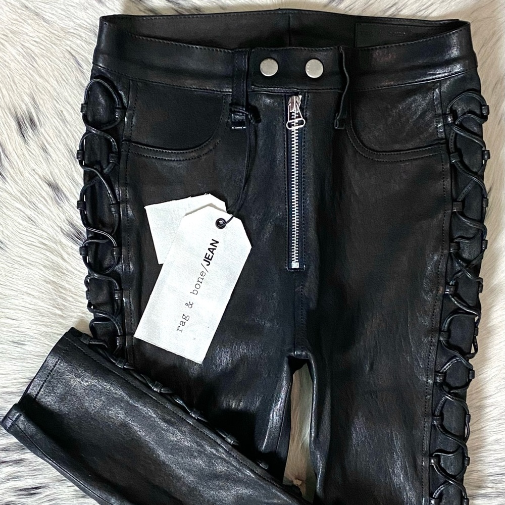 RAG & BONE “KIKU” SIDE-LACE HIGH-RISE LEATHER LEGGING, SZ 24 NWT! - Picture 2 of 13